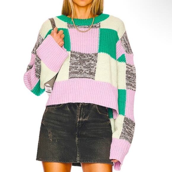 For Love & Lemons Green Colorblock Finley Cropped Oversized Sweater Sz XS NWT - Picture 1 of 15